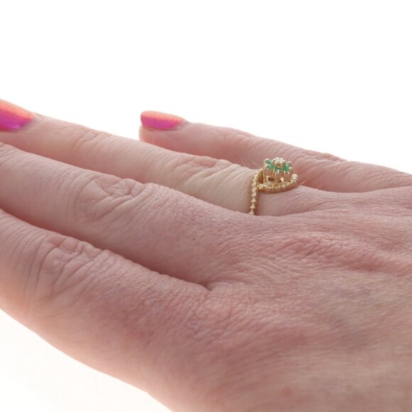 Yellow Gold Diamond Emerald Halo Bypass Ring - 14k Round Brilliant .13ctw Flower - Picture 4 of 6